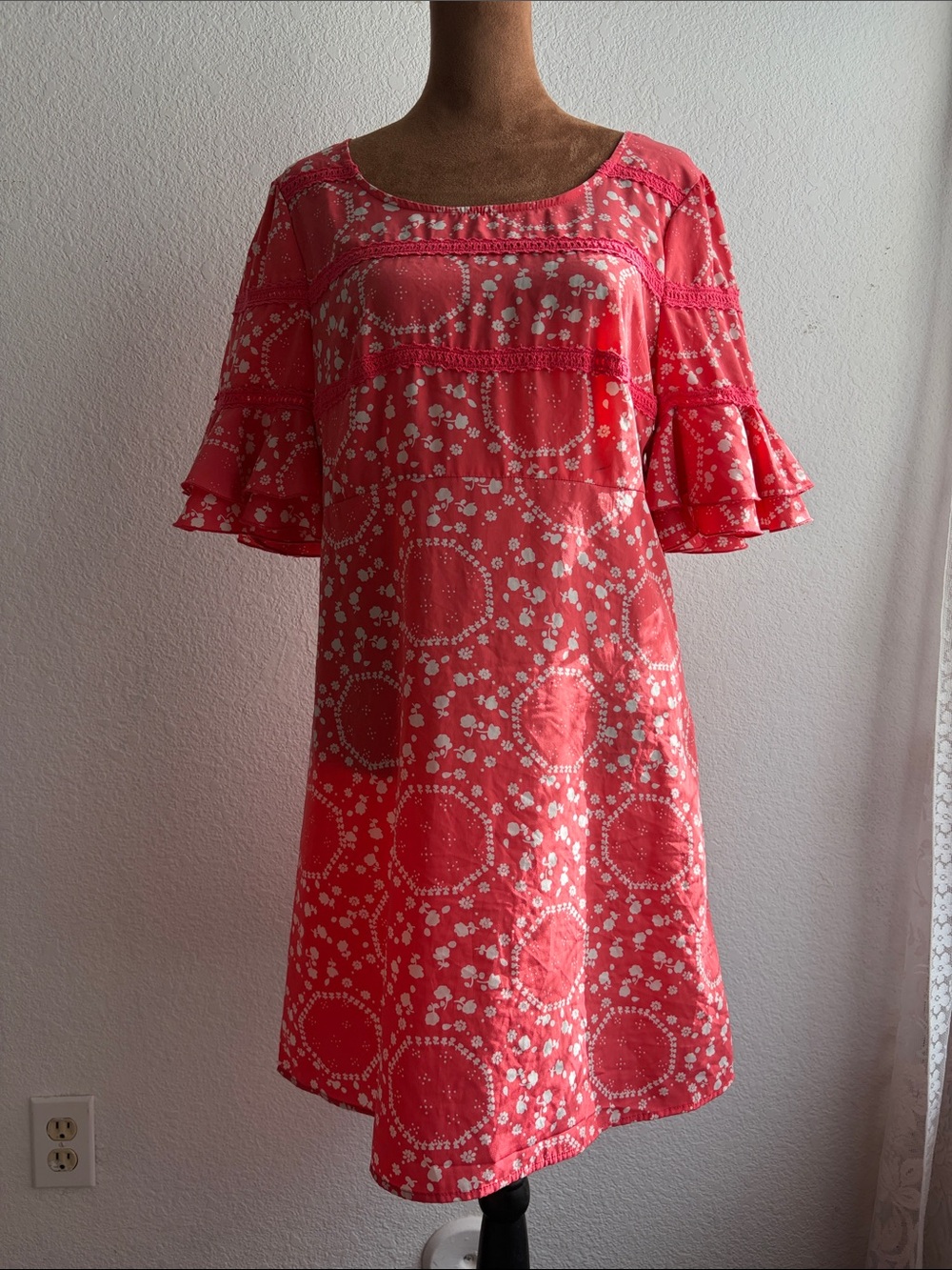 NWT Vintage Free People Dress Coral Floral Sz 8 Ruffle-Sleeve MSRP $128